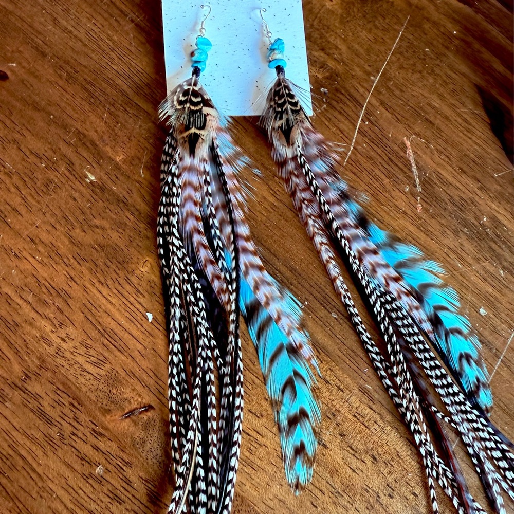 Elegant Feather Earrings with Turquoise and Black Accents